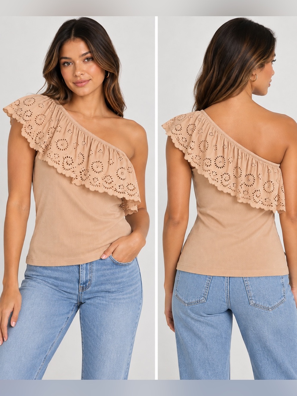 Old Navy Women’s XL Beige Eyelet One Shoulder Ruffle Ribbed Knit Top Boho